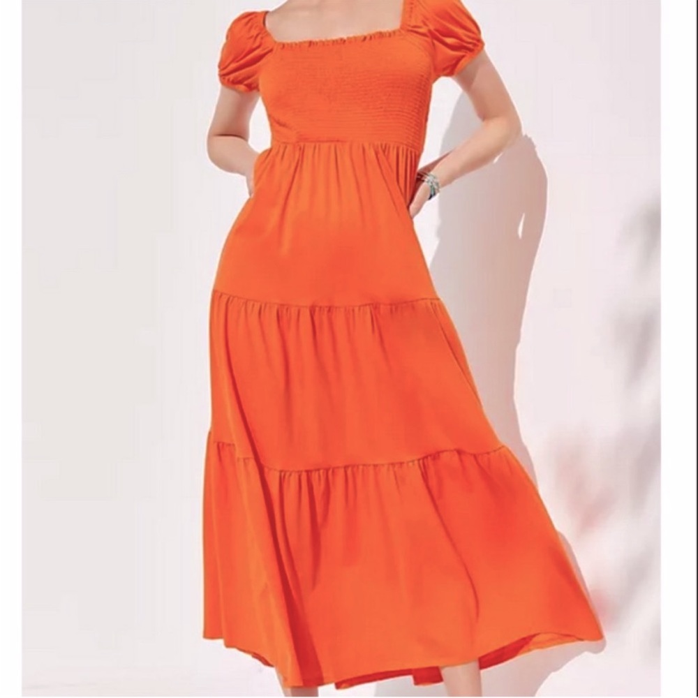Daily Practice x Anthropologie Orange Tiered Puff Sleeve Maxi Dress Medium
